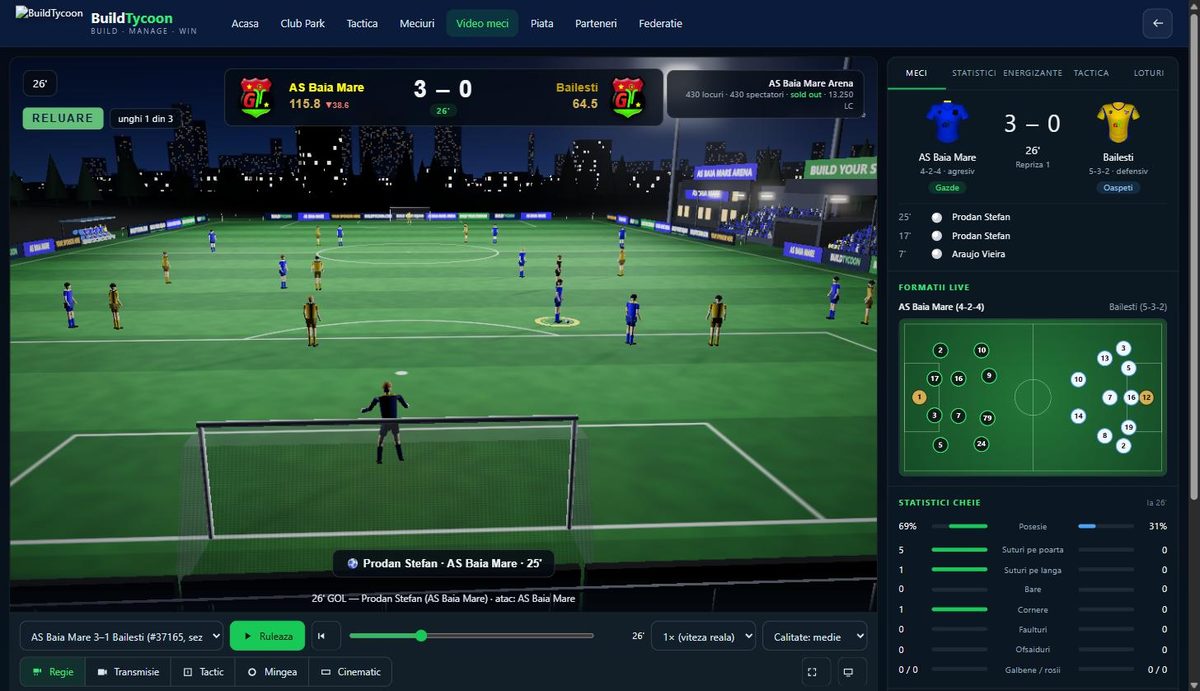 صفحة المباراة ثلاثية الأبعاد في BuildTycoon: لوحة النتيجة وإعادة الهدف والتشكيلات والإحصاءات الرئيسية