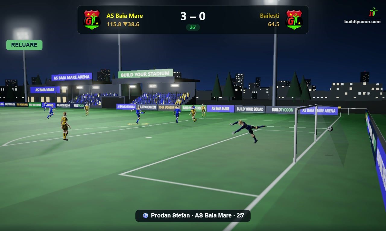 Goal replay in the BuildTycoon 3D match: the goalkeeper dives but the ball goes in