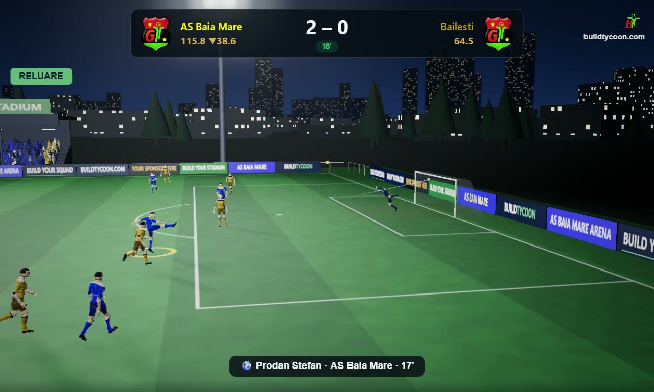 A player shoots at goal under the floodlights in the BuildTycoon 3D match