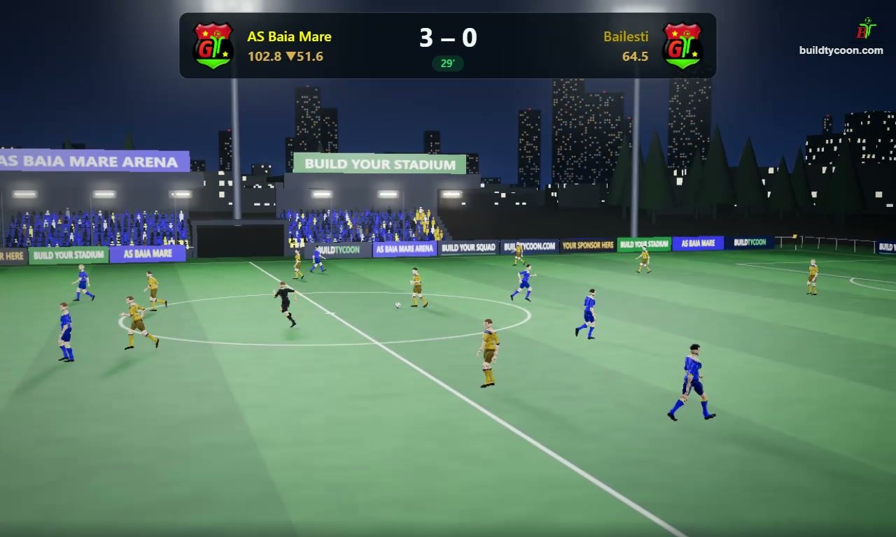 BuildTycoon 3D match: night stadium with floodlights, LED boards and the two teams on the pitch